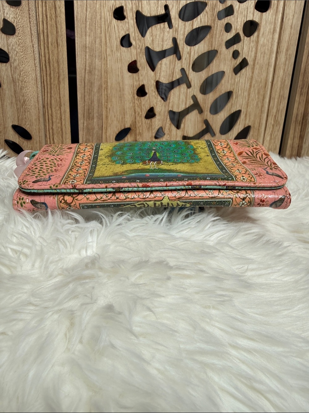 Papaya Pink & Gold Hand-Painted Peacock Wristlet - Picture 9 of 9